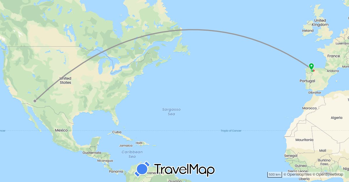 TravelMap itinerary: driving, bus, plane, train, hiking in Spain, United States (Europe, North America)